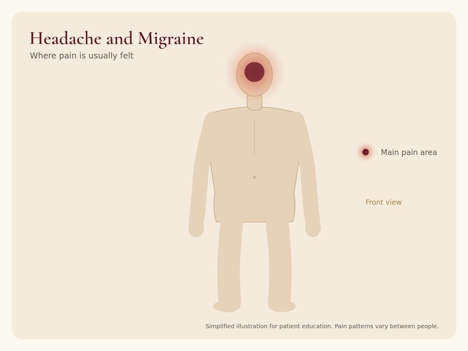 Body diagram showing where headache and migraine pain is usually felt