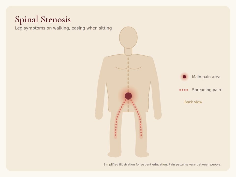 Spinal Stenosis: pain area Body diagram showing where spinal stenosis pain is usually felt