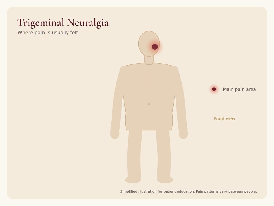 Trigeminal Neuralgia: pain area Body diagram showing where trigeminal neuralgia pain is usually felt