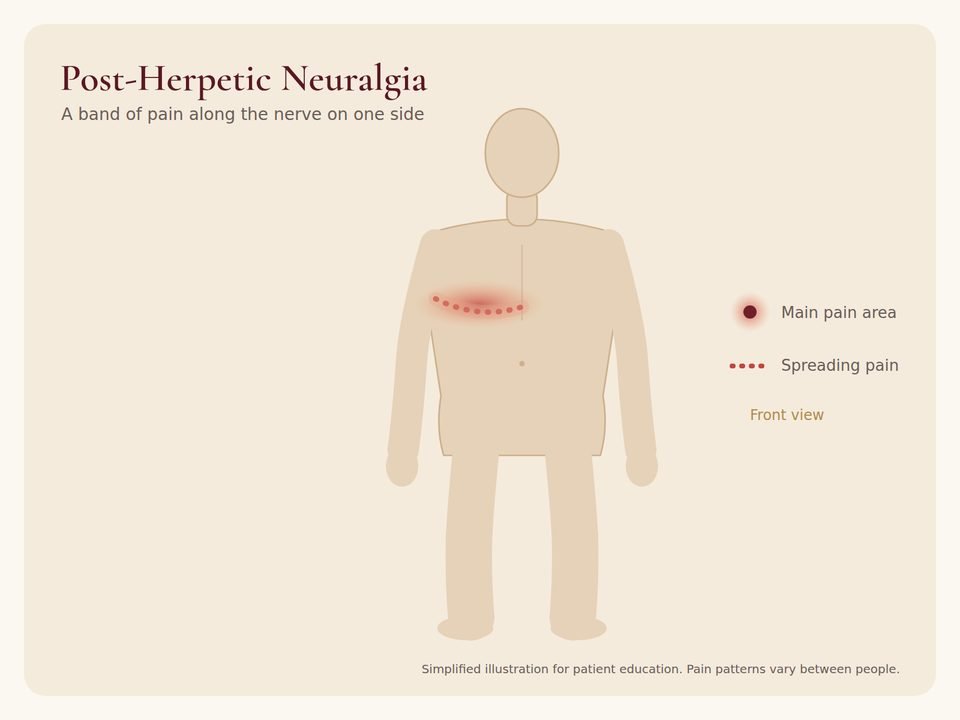 Body diagram showing where post-herpetic neuralgia pain is usually felt