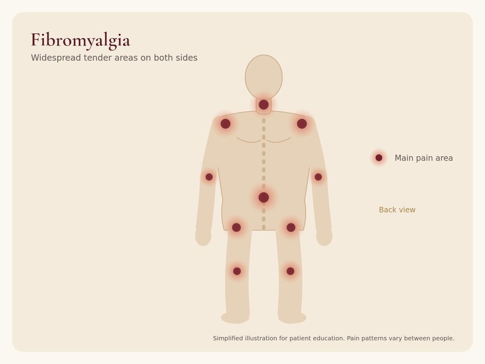 Body diagram showing where fibromyalgia pain is usually felt