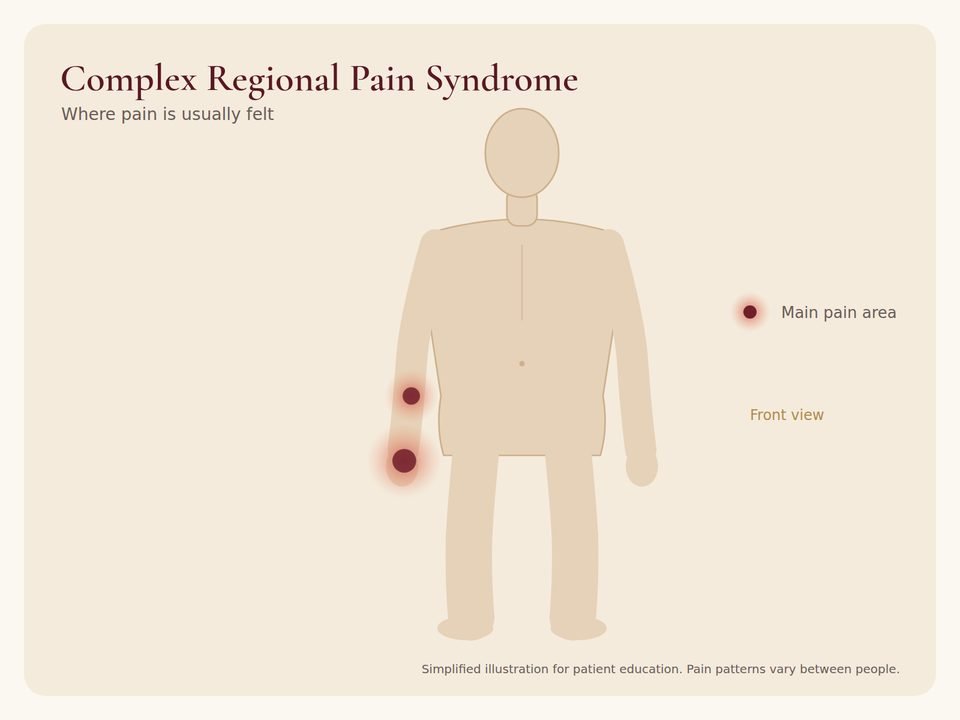 Body diagram showing where complex regional pain syndrome pain is usually felt