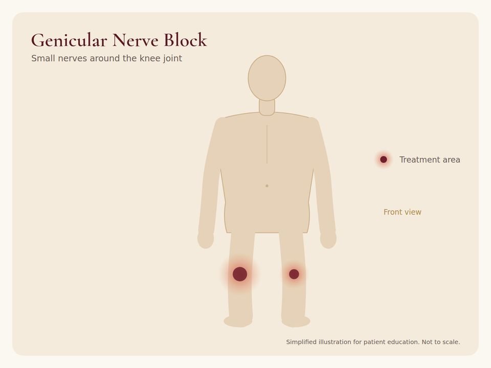 Body diagram showing the treatment area for Genicular Nerve Block