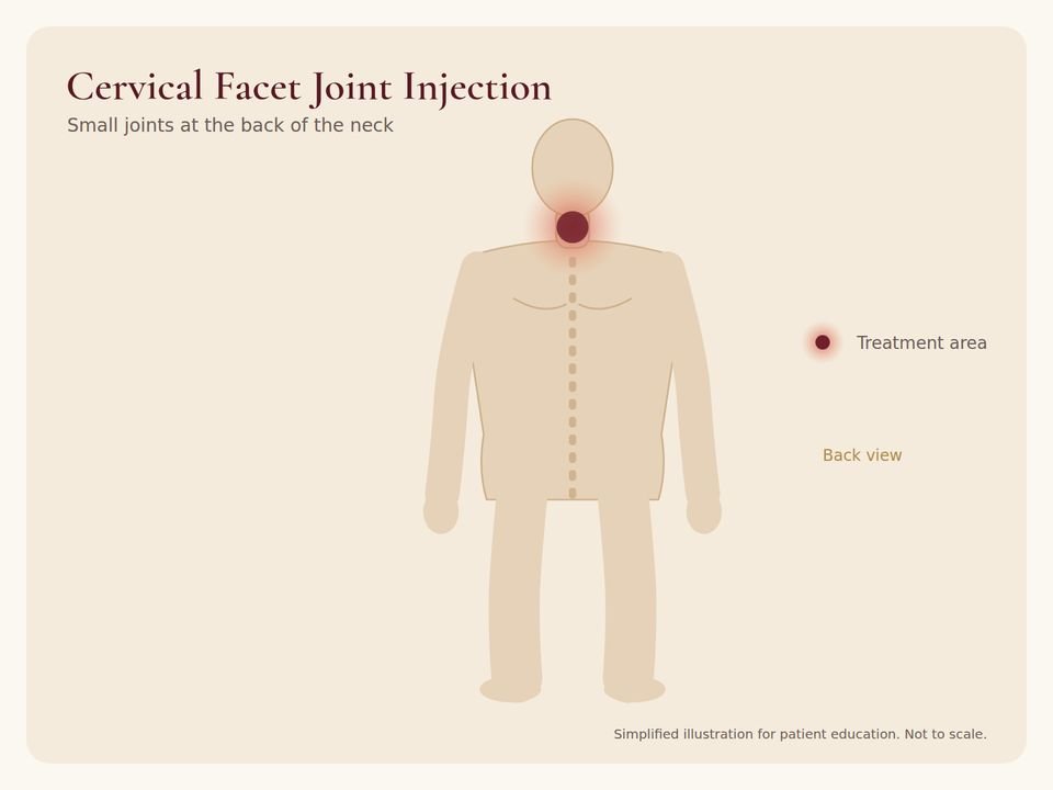 Cervical Facet Joint Injection: treatment area Body diagram showing the treatment area for Cervical Facet Joint Injection