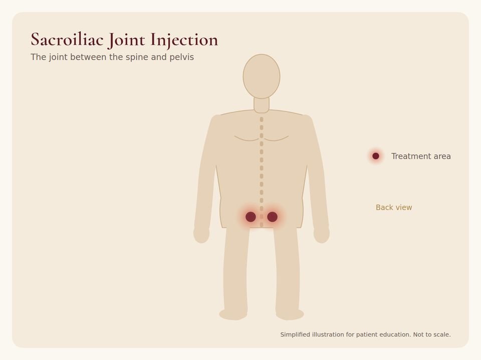 Sacroiliac Joint Injection: treatment area Body diagram showing the treatment area for Sacroiliac Joint Injection