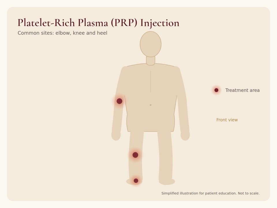 Platelet-Rich Plasma (PRP) Injection: treatment area Body diagram showing the treatment area for Platelet-Rich Plasma (PRP) Injection