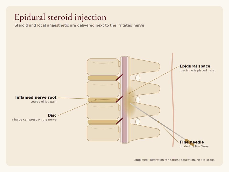 Illustration of an epidural steroid injection: an X-ray guided needle delivering medicine to the epidural space next to an inflamed nerve root