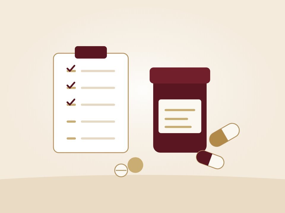 Illustration of medication management: a prescription checklist, a medicine bottle and capsules