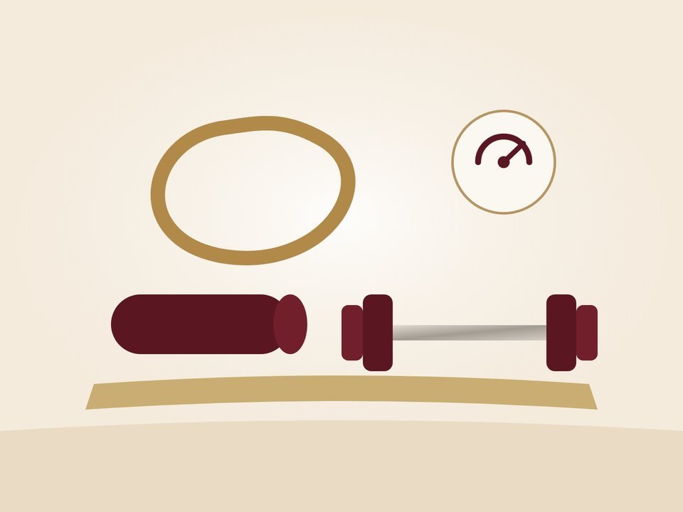 Illustration of physiotherapy-led rehabilitation: an exercise mat, resistance band, foam roller and dumbbell
